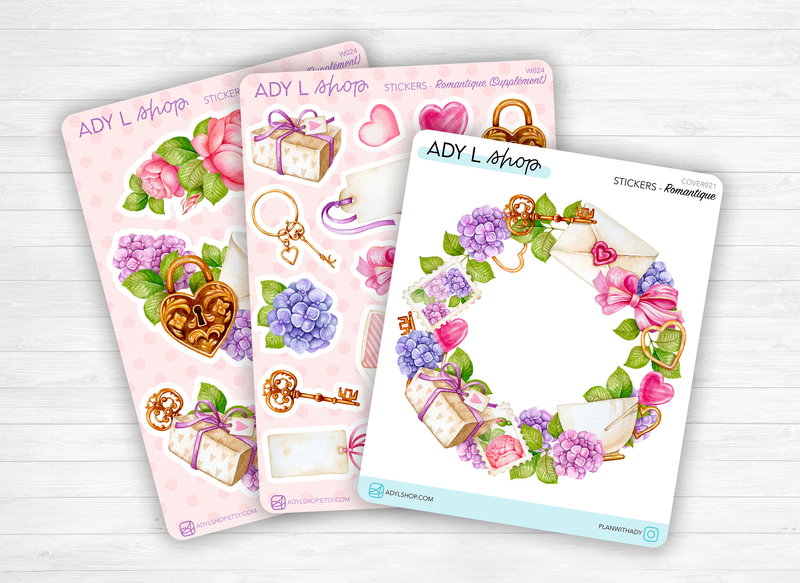 Sticker sheets - "Romantic" - Watercolor illustrations: love, Valentine's Day, letters, flowers - Bullet Journal / Planner sticker sheet