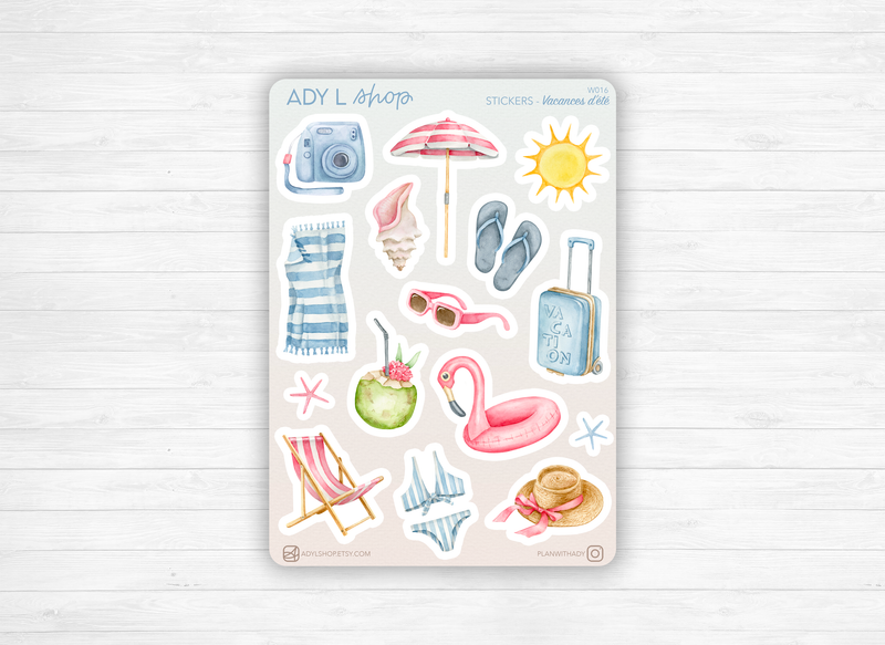 Planche Stickers "Vacances d'été" - Autocollants estivaux : plage, voyage, vacances, été, soleil, chaleur, mer - Bullet Journal / Planner