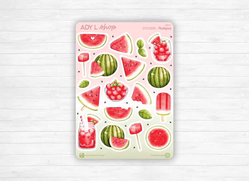 Planche Stickers "Pastèque" - Autocollants sur le thème des fruits : été, pastèque, melon, fruit, cocktail, glace - Bullet Journal / Planner