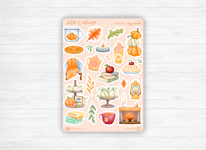 Planche Stickers "Automne Cozy" - Autocollants sur le thème de l'automne : cocooning, citrouilles, plaid, cheminée -Bullet Journal / Planner