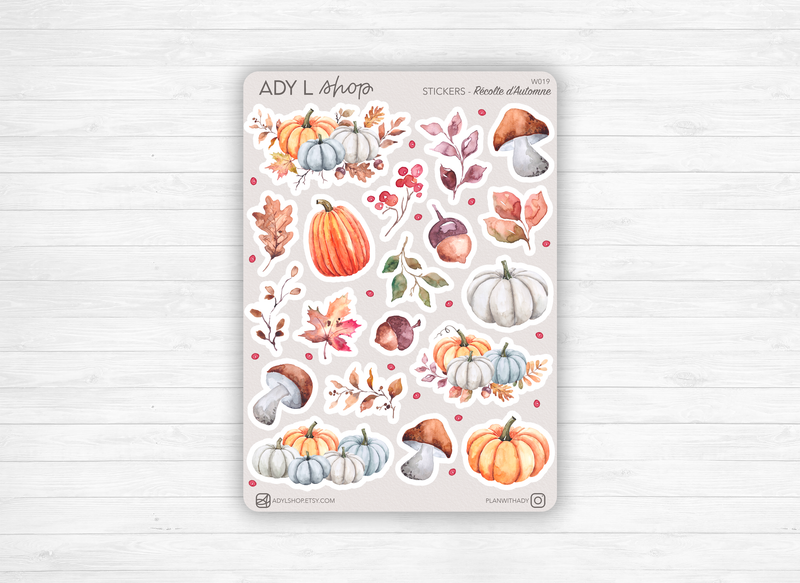 Planche Stickers "Récolte d'Automne" - Autocollants sur le thème de l'automne : citrouilles, champignons, glands - Bullet Journal / Planner