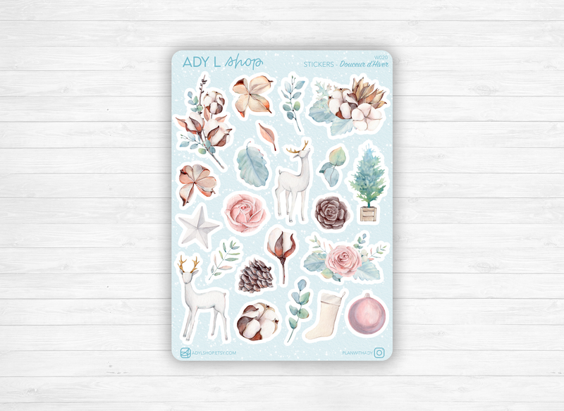 Sticker sheet - "Gentle Winter" - Watercolor illustrations : winter greenery, cotton, roses, deers - Bullet Journal / Planner sticker sheet