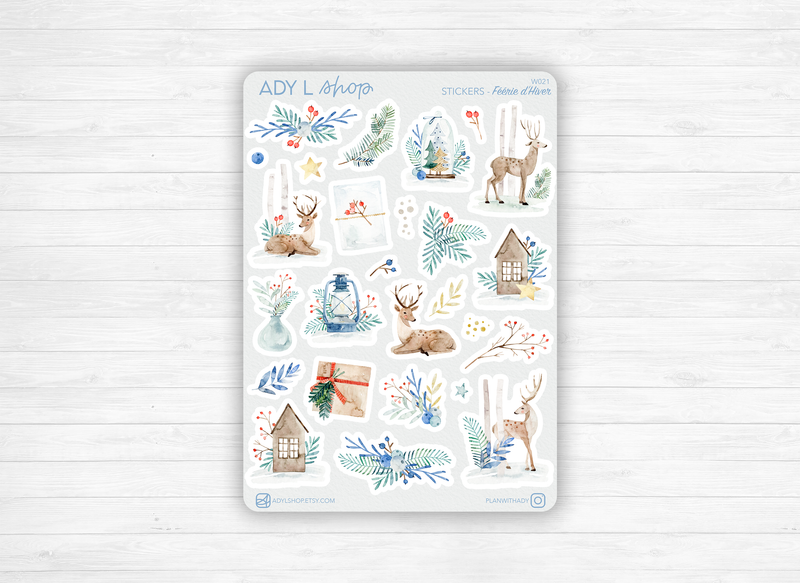 Planche Stickers "Féérie d'Hiver" - Autocollants sur le thème de l'hiver: feuillage d'hiver, lanterne, cerfs - Bullet Journal / Planner