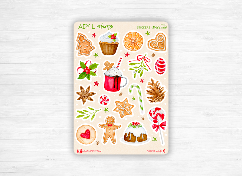 Planche Stickers "Noël Sucré" - Autocollants sur le thème de Noël et de l'hiver : pain d'épices, cookies, cupcakes - Bullet Journal /Planner