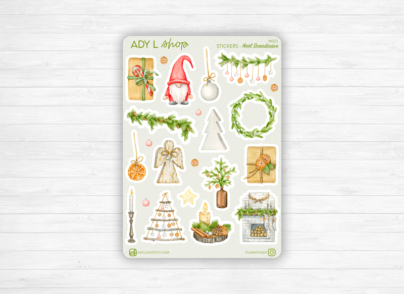 Sticker sheet - "Scandinavian Christmas" - Watercolor illustrations: winter, wood, cozy, ornaments - Bullet Journal / Planner sticker sheet