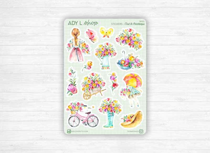 Sticker sheet - "Springtime" - Watercolor illustrations: spring, flowers, floral compositions - Bullet Journal / Planner sticker sheet