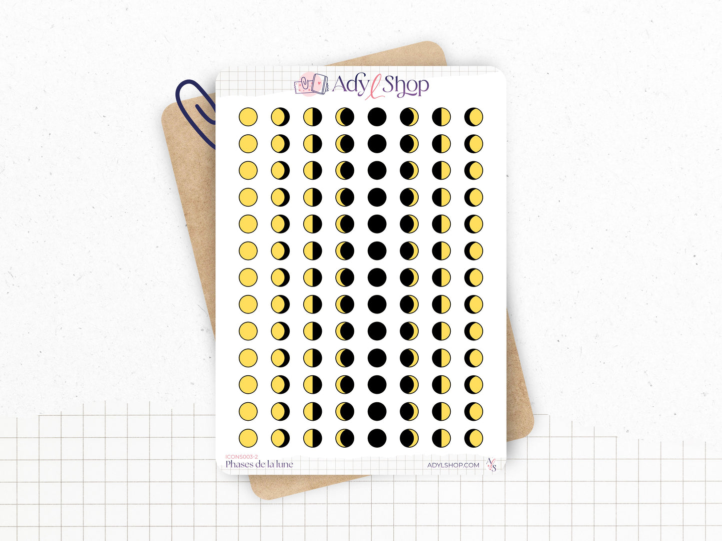 Planche stickers "Phases de la Lune" - 3 styles différents - 96 mini icônes - Cycle lunaire annuel - Bullet Journal & Planner - Journaling