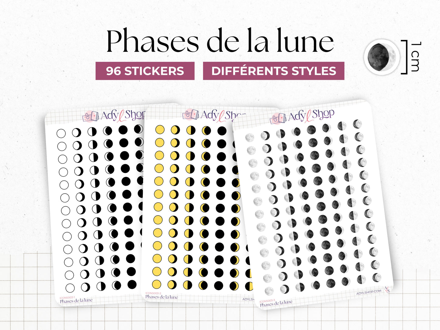 Planche stickers "Phases de la Lune" - 3 styles différents - 96 mini icônes - Cycle lunaire annuel - Bullet Journal & Planner - Journaling