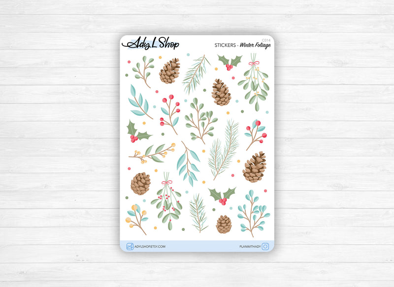 Stickers - "Winter Foliage" - Foliage, branches, mistletoe, holly, pine cones doodles - Bullet Journal & Planner sticker sheet