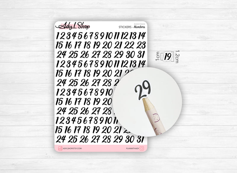 Stickers chiffres 1 à 31 - Calligraphie, écrits à la main - 4 séries de 31 stickers - 4 mois - Bullet Journal & Planner