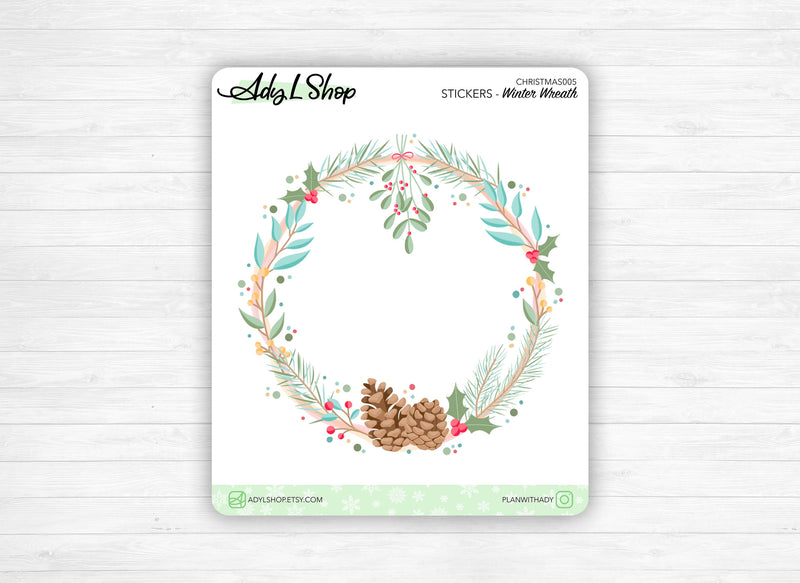 Stickers - "Winter Wreath" - Winter/Christmas wreath with foliage, mistletoe, pine cones - Bullet Journal & Planner sticker sheet
