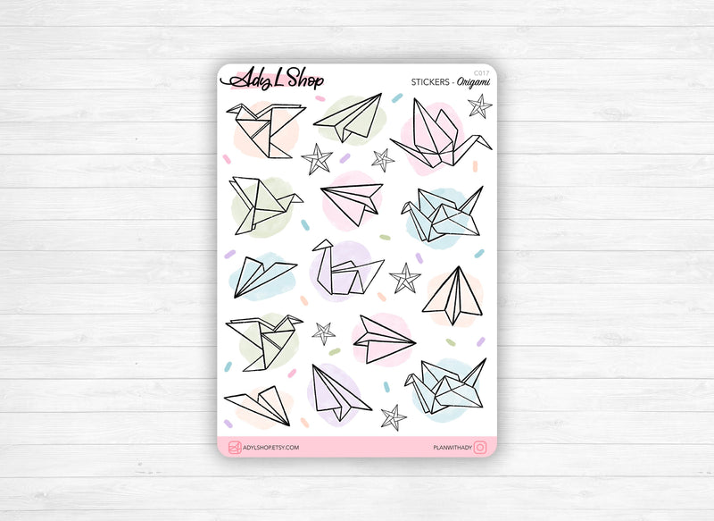 Planche Stickers "Origami" - Grue en papier, Avion en papier, couleurs pastel, autocollants - Bullet Journal & Planner - Journaling