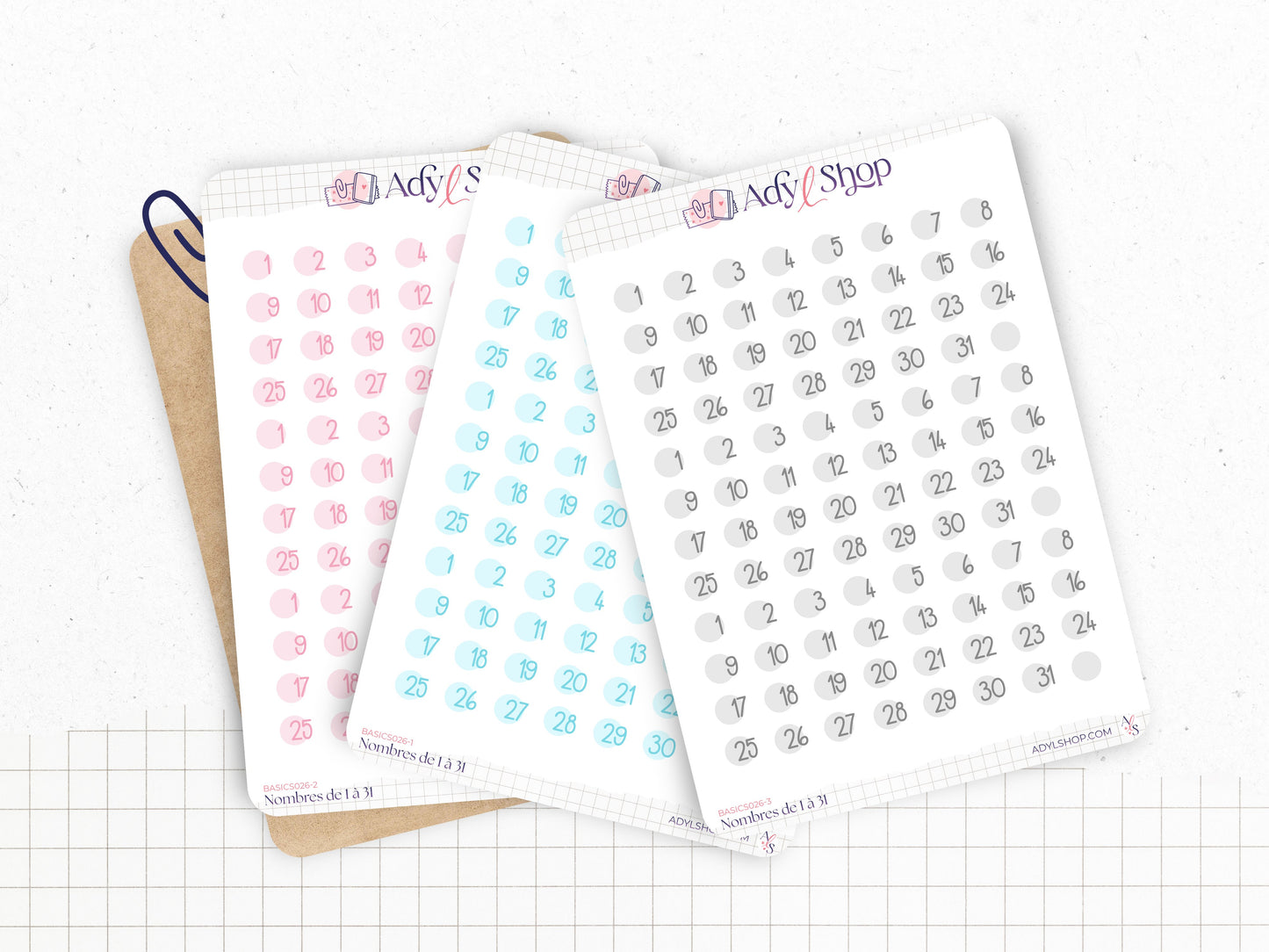 Stickers chiffres 1 à 31 - Mini stickers ronds 1cm - 3 séries de 31 stickers (3 mois) - Papier matte blanc - Bullet Journal & Planner