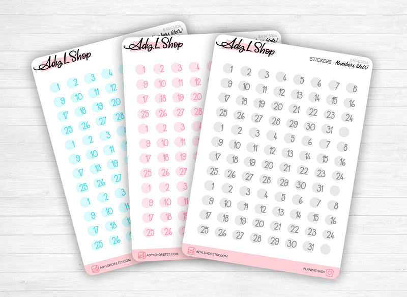 Stickers chiffres 1 à 31 - Mini stickers ronds 1cm - 3 séries de 31 stickers (3 mois) - Papier matte blanc - Bullet Journal & Planner