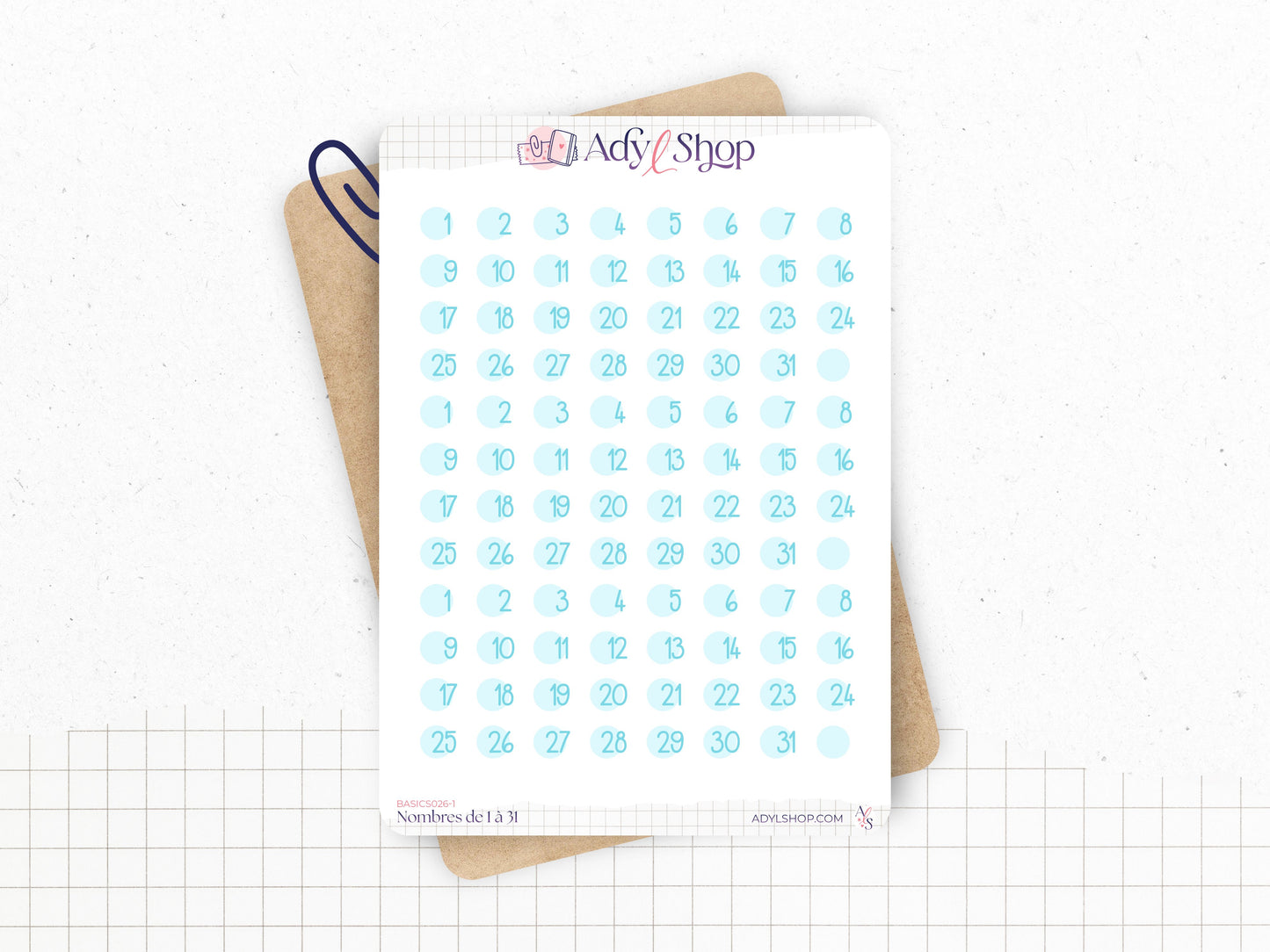 Stickers chiffres 1 à 31 - Mini stickers ronds 1cm - 3 séries de 31 stickers (3 mois) - Papier matte blanc - Bullet Journal & Planner
