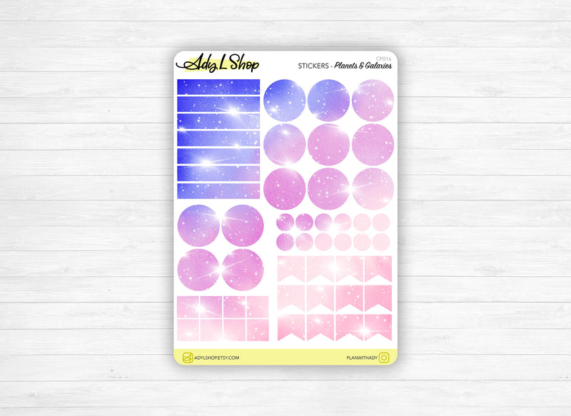 Stickers - Color Palette "Planets & Galaxies" - Geometric shapes - Headers - Watercolor - Bullet Journal, planner sticker sheet - Journaling