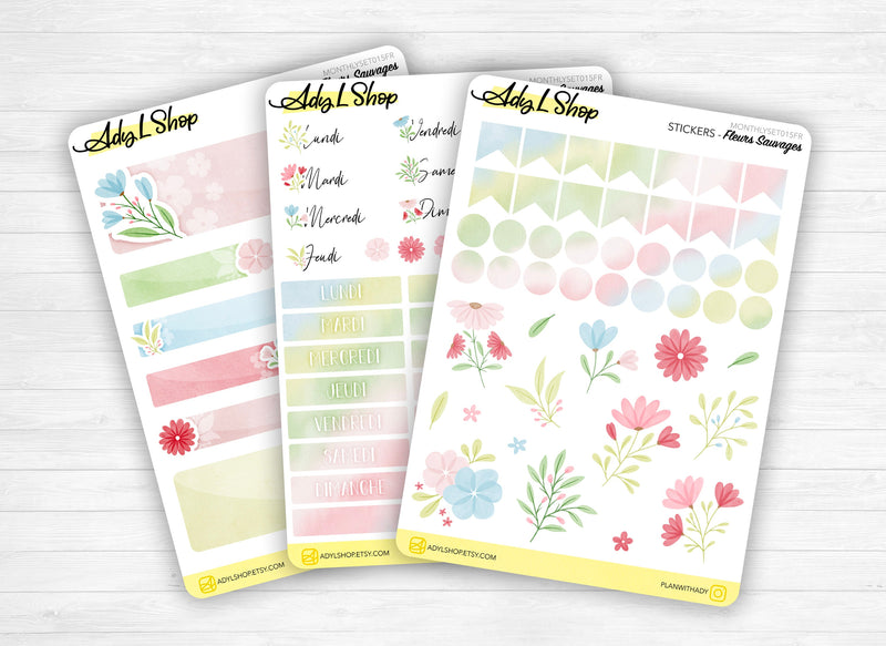Monthly set stickers - "Wild Flowers" - Flowery stickers, spring, watercolor - for your Bullet Journal, planner - 3 sticker sheets