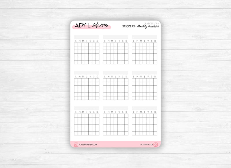 Sticker sheet : 9 mini calendar monthly trackers - Habit tracker - Mood tracker - Journaling