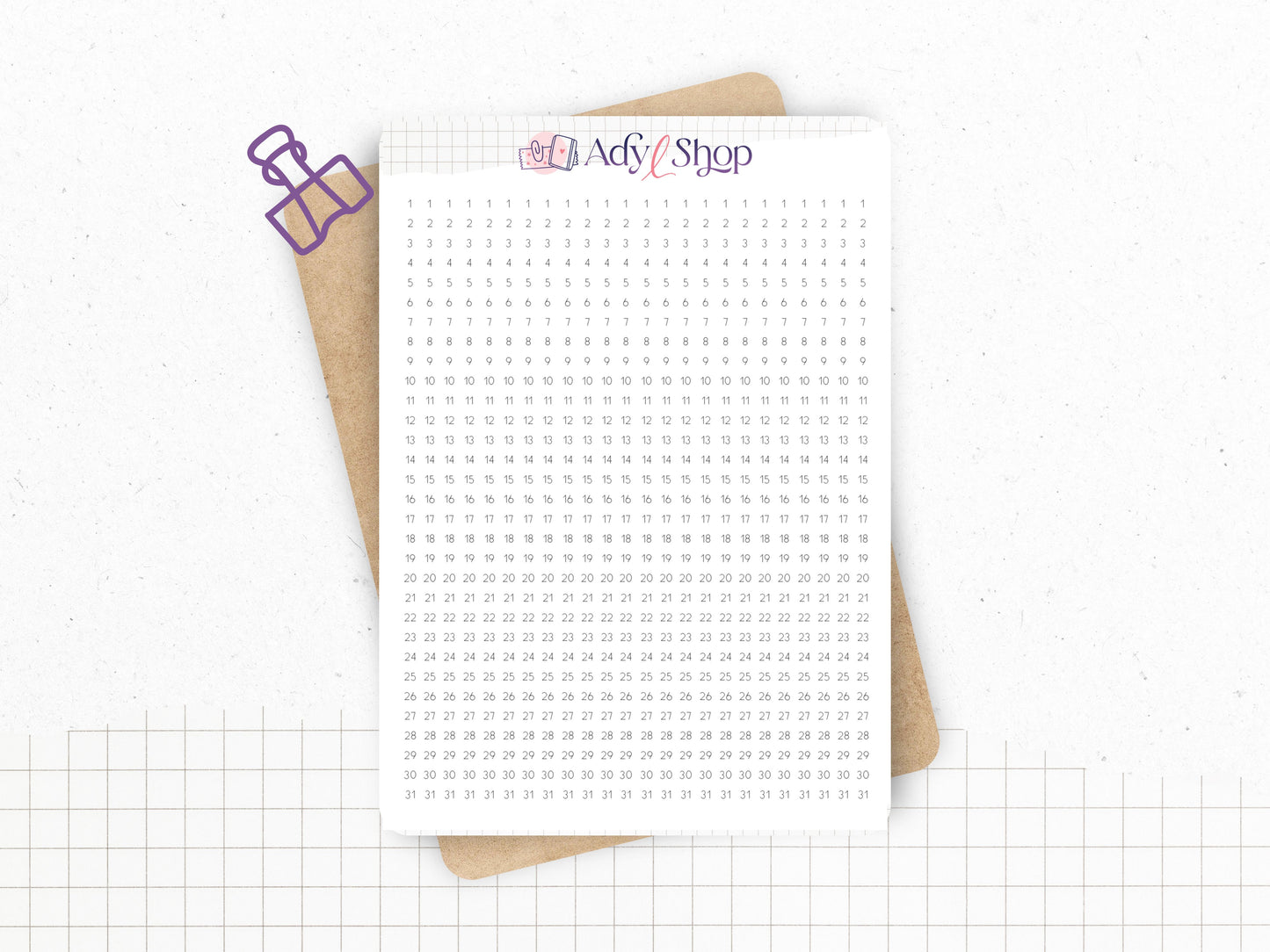 Sticker sheet : 24 date strips - Numbered from 1 to 31 - Horizontal or vertical strips - For a 5mm grid - Adaptable - Journaling