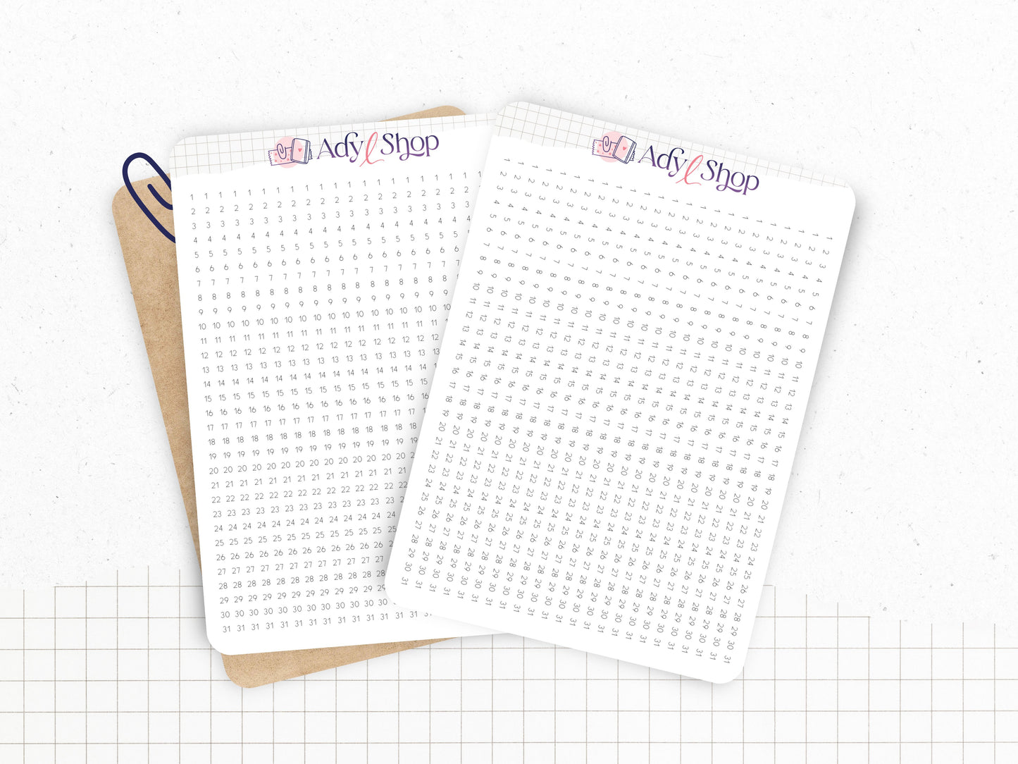 Sticker sheet : 24 date strips - Numbered from 1 to 31 - Horizontal or vertical strips - For a 5mm grid - Adaptable - Journaling