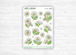 Sticker sheet - "Daisies" - Watercolor doodles : daisy, white flowers, spring, leaves - Bullet Journal / Planner sticker sheet