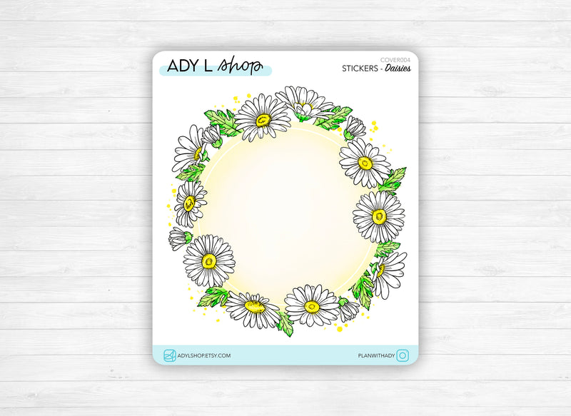 Sticker - "Daisies" : a flower wreath with watercolor colors (yellow, green) - Spring - Bujo monthly cover page - Bullet Journal & Planner