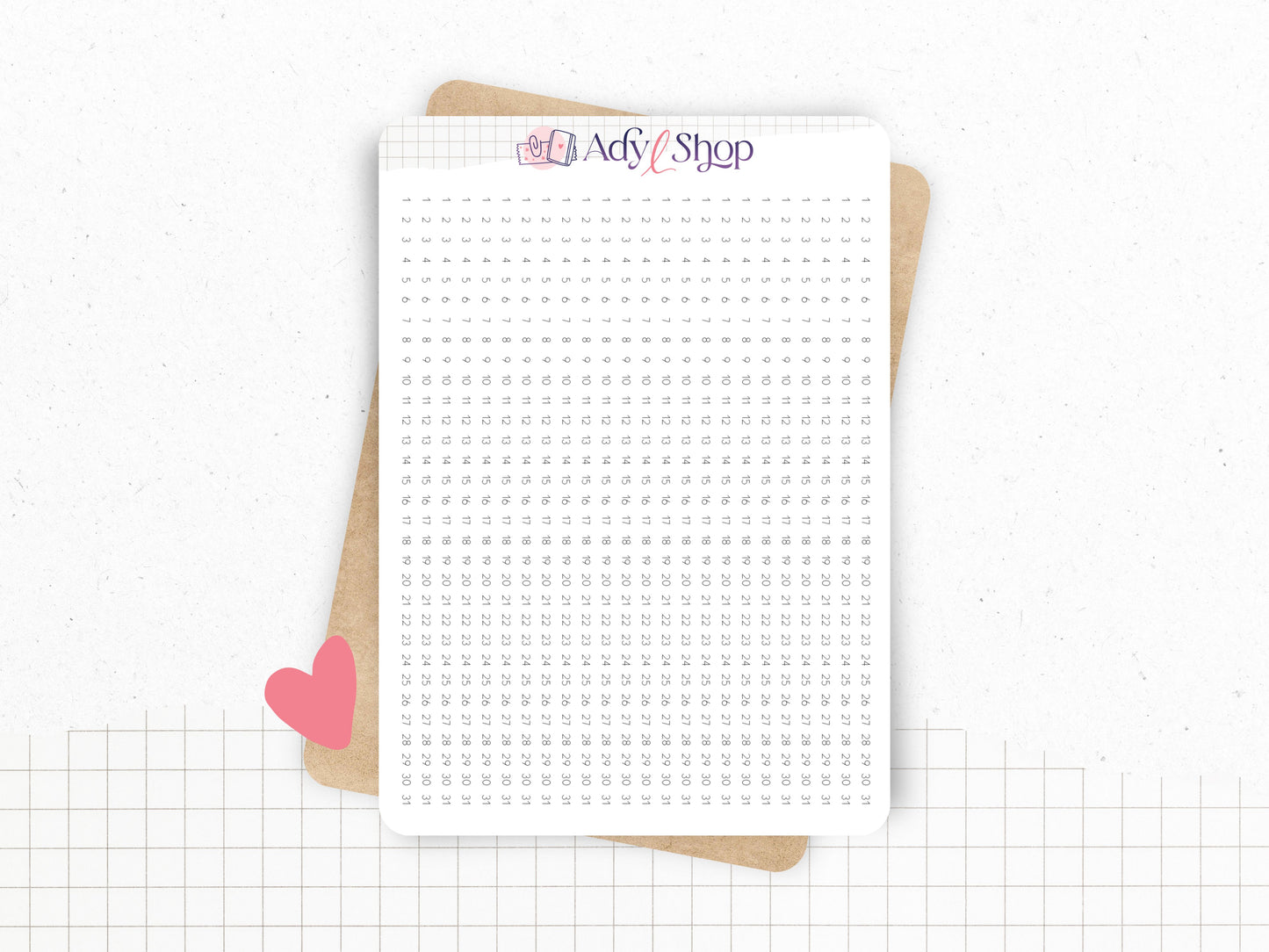 Sticker sheet : 24 date strips - Numbered from 1 to 31 - Horizontal or vertical strips - For a 5mm grid - Adaptable - Journaling