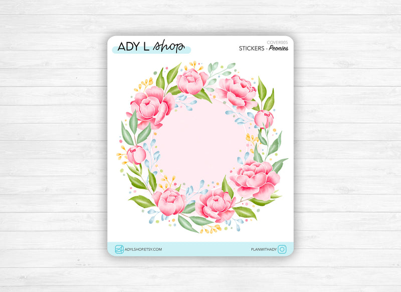 Sticker - "Peonies" : a peony colorful wreath for your Bujo monthly cover page - Bullet Journal & Planner sticker sheet