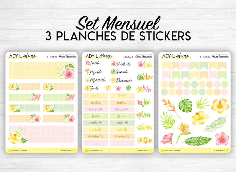 Monthly set stickers - "Tropical Flowers" - Summer, exotic flowers, for your Bullet Journal, planner - 3 sheets (headers, days, doodles)