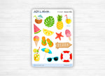 Planche Stickers "Summer Vibes" - Autocollants sur le thème de l'été et de la plage  - Couleurs pastel aquarelle - Bullet Journal /Planner