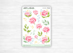 Planche Stickers "Pivoines" - Autocollants sur un thème des fleurs - Printemps / été  - Couleurs pastel aquarelle - Bullet Journal /Planner