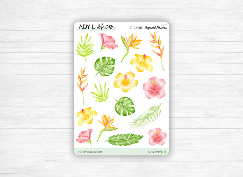 Sticker sheet - "Tropical Flowers" - Watercolor doodles : flowers, foliage, summer - Bullet Journal / Planner sticker sheet