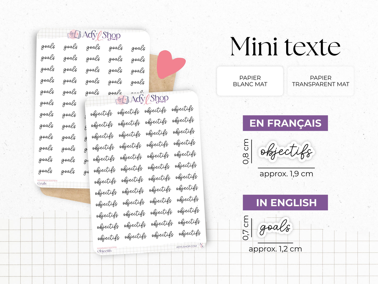 Planche de mini stickers "objectifs"- Papier autocollant blanc ou transparent - Planner stickers - Minimal - Bullet Journal