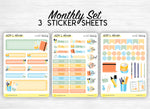 Monthly set stickers - "Stationery" - back to school, notebook, pens... for your Bullet Journal, planner - 3 sheets (headers, days, doodles)