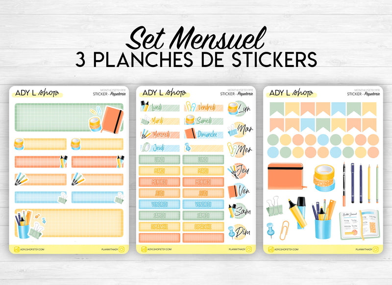 Set mensuel (3 planches) "Papeterie" pour Bullet Journal - Rentrée des classes, fournitures scolaires -Jours de la semaine, headers, doodles