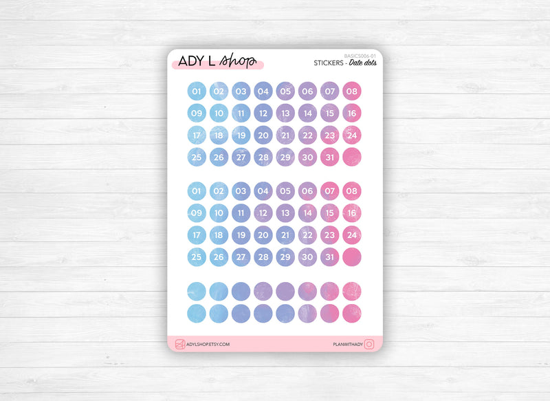 Date dots sticker sheet, Calendar date dots, different colors available, Bullet Journal & Planner sticker sheet - Journaling