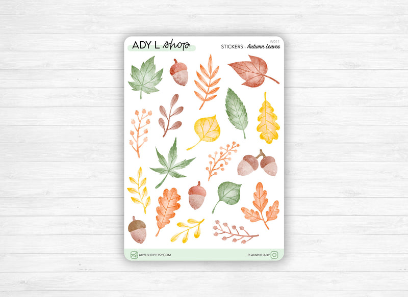 Sticker sheet - "Autumn Leaves" - Watercolor doodles : fall leaves, acorns - Bullet Journal / Planner sticker sheet
