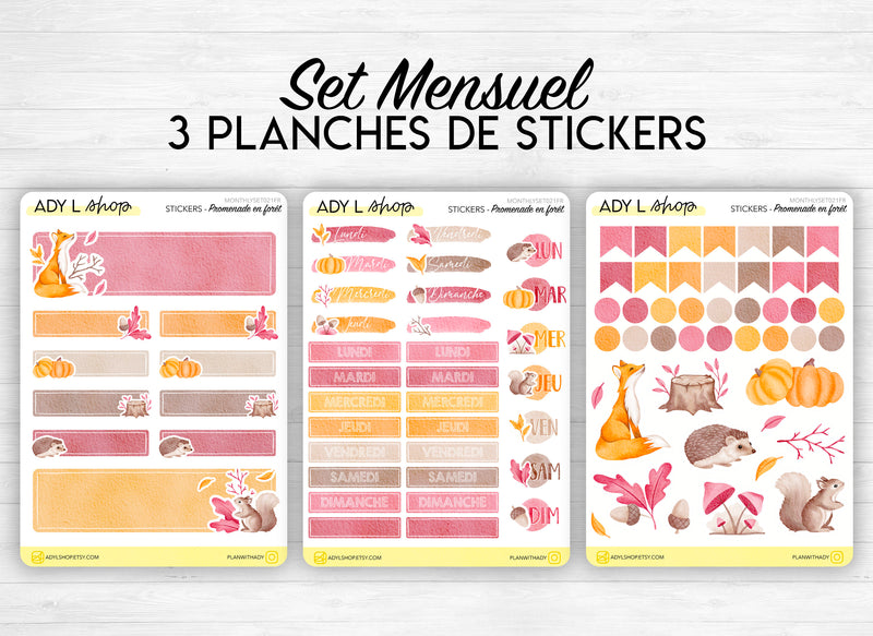 Monthly set stickers - "A walk in the forest" - Fall theme, doodles, headers, days of the week - Bullet Journal, planner - 3 sticker sheets