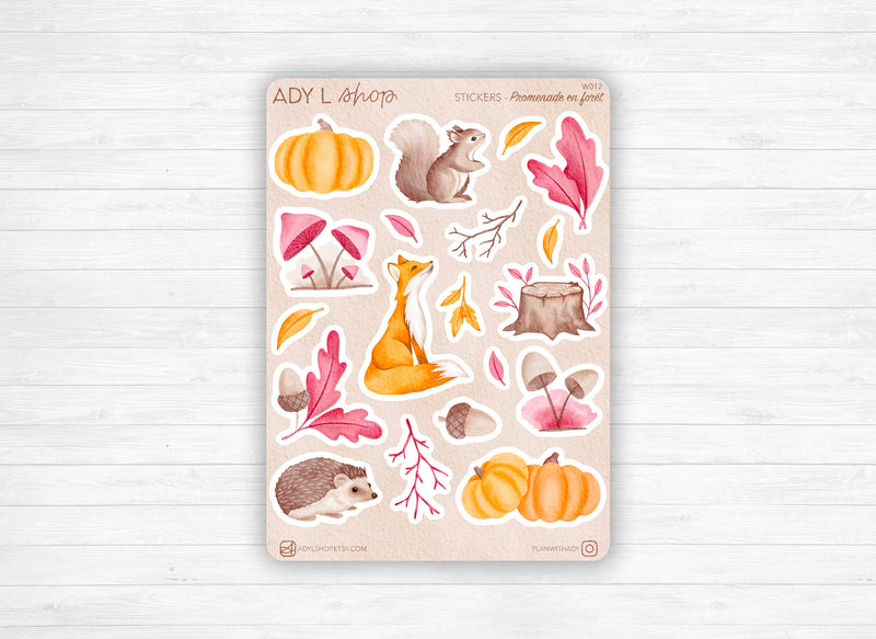 Sticker sheet - "A walk in the forest" - Watercolor doodles : fall leaves, wood, branches, animals - Bullet Journal / Planner sticker sheet
