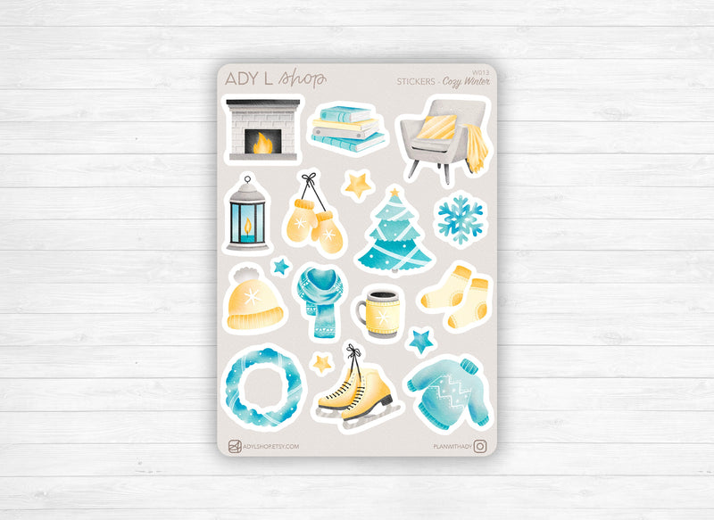 Sticker sheet - "Cozy Winter" - Cocooning, cold, Christmas, warm clothes, blanket, fireplace, blue - Bullet Journal / Planner sticker sheet