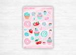 Sticker sheet - "Sweet Treats" - Watercolor doodles : cupcakes, donuts, lollipops, fruits - Bullet Journal / Planner sticker sheet
