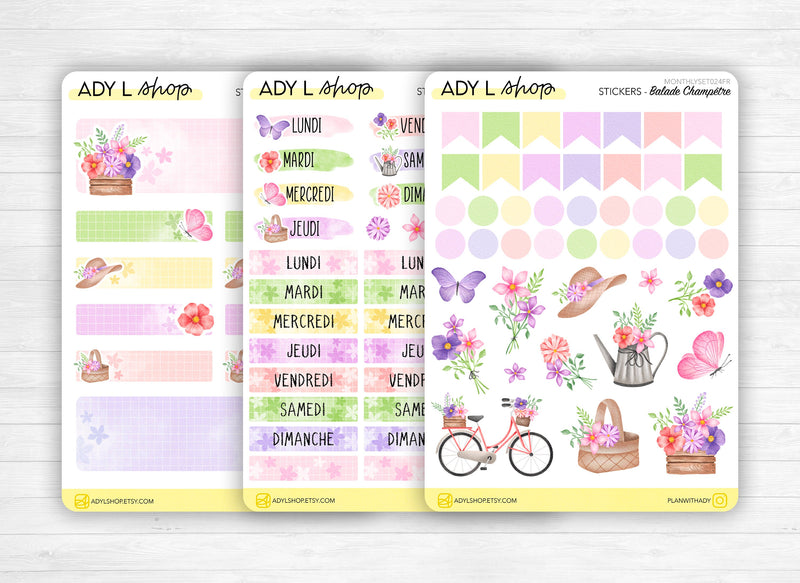 Monthly set stickers - "A walk in the meadow" - Spring, wild flowers, for your Bullet Journal, planner - 3 sheets (headers, days, doodles)