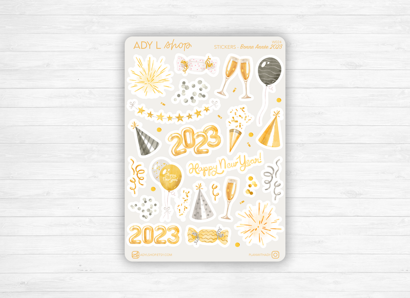 Planche Stickers "Bonne Année 2023" - Doodles couleur nouvelle année, fête, réveillon du Nouvel An - Bullet Journal & Planner - Journaling